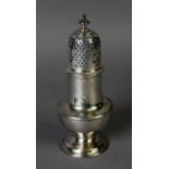 GEORGE II SILVER PEDESTAL SUGAR CASTOR BY SAMUEL WOOD, of typical form with ornately pierced pull-