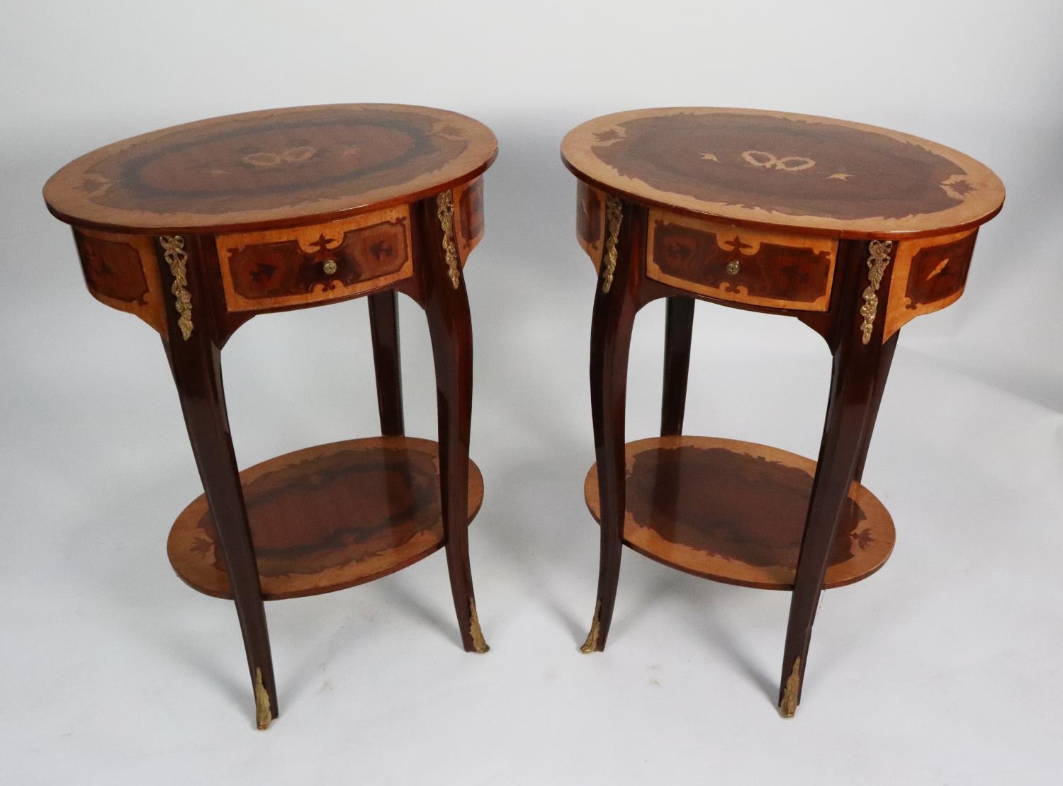 PAIR OF MODERN ITALIAN MARQUETRY INLAID AND GILT METAL MOUNTED OCCASIONAL TABLES, each of oval