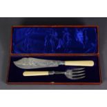 VICTORIAN CASED PAIR OF SILVER FISH SERVERS WITH BONE HANDLES BY MARTIN, HALL & Co, with bright