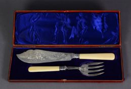 VICTORIAN CASED PAIR OF SILVER FISH SERVERS WITH BONE HANDLES BY MARTIN, HALL & Co, with bright