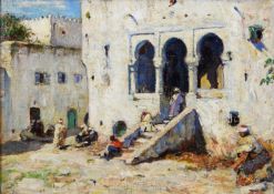 FREDERICK WILLIAM JACKSON (1859 - 1918) OIL PAINTING ON BOARD Street scene with figures, Tangiers