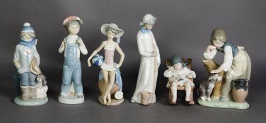 SIX LLADRO PORCELAIN FIGURES, including a little girl asleep in a rocking chair, holding a doll
