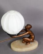 ART DECO PATINATED SPELTER AND ALABASTER FIGURAL TABLE LAMP, modelled as a naked female figure,