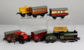 BOXED EARLY 1950'S HORNBY 'O' GAUGE CLOCKWORK L M S GOODS TRAIN SET (loco missing funnel),