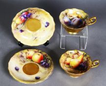 PAIR OF ROYAL WORCESTER FRUIT PAINTED CHINA TEA CUPS AND SAUCERS, ONE TEACUP AND SAUCER SIGNED T