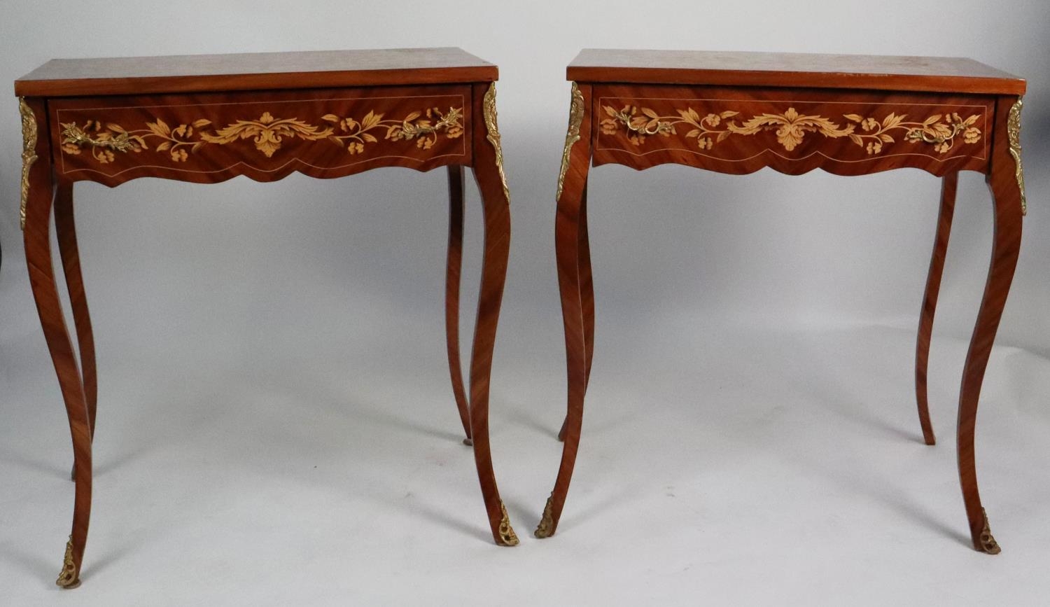 MODERN PAIR OF ITALIAN MARQUETRY INLAID AND GILT METAL MOUNTED SIDE TABLES, each with oblong top,