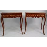 MODERN PAIR OF ITALIAN MARQUETRY INLAID AND GILT METAL MOUNTED SIDE TABLES, each with oblong top,