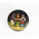 EARLY TWENTIETH CENTURY RUSSIAN BLACK LACQUERED AND PAINTED SMALL CIRCULAR BOX AND COVER, with