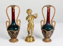 PAIR OF ART NOUVEAU DESIGN, CIRCA 1930s CONTINENTAL STUDIO POTTERY AND BRASS VASES, the vases with