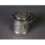 GEORGE V SILVER MUSTARD RECEIVER, of Georgian lidded tankard form with scroll handle, volute