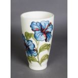 WALTER MOORCROFT ‘HIBISCUS’ PATTERN TUBE LINED POTTERY VASE, of tapering form, 6 ¾” (17.1cm) high,