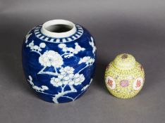 TWENTIETH CENTURY CHINESE BLUE AND WHITE PORCELAIN GINGER JAR, of typical form, painted with prunus,