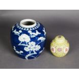 TWENTIETH CENTURY CHINESE BLUE AND WHITE PORCELAIN GINGER JAR, of typical form, painted with prunus,