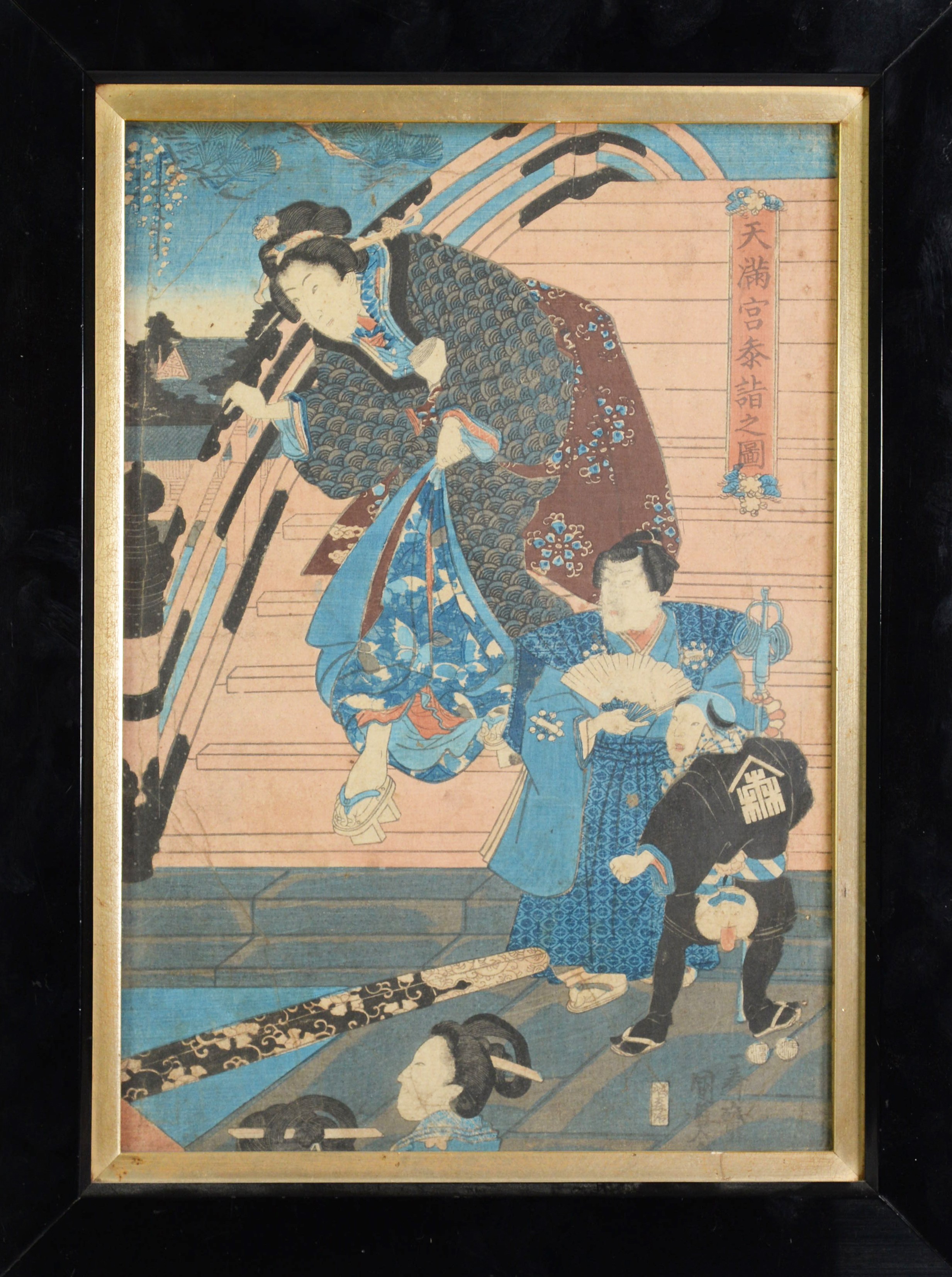 EDO JAPANESE UKIYO-E WOODBLOCK PRINT, featuring a Kabuki player descending stairs to three other - Image 2 of 2