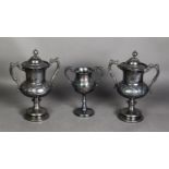 PAIR OF LATE 19th/EARLY 20th CENTURY EPBM TWO HANDLED TROPHY CUPS AND COVERS, with foliate scroll