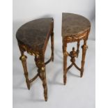 PAIR OF MODERN DARK GREY VEINED MARBLE TOPPED CARVED GILT WOOD DEMI-LUNE SIDE TABLES, each with leaf