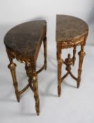 PAIR OF MODERN DARK GREY VEINED MARBLE TOPPED CARVED GILT WOOD DEMI-LUNE SIDE TABLES, each with leaf