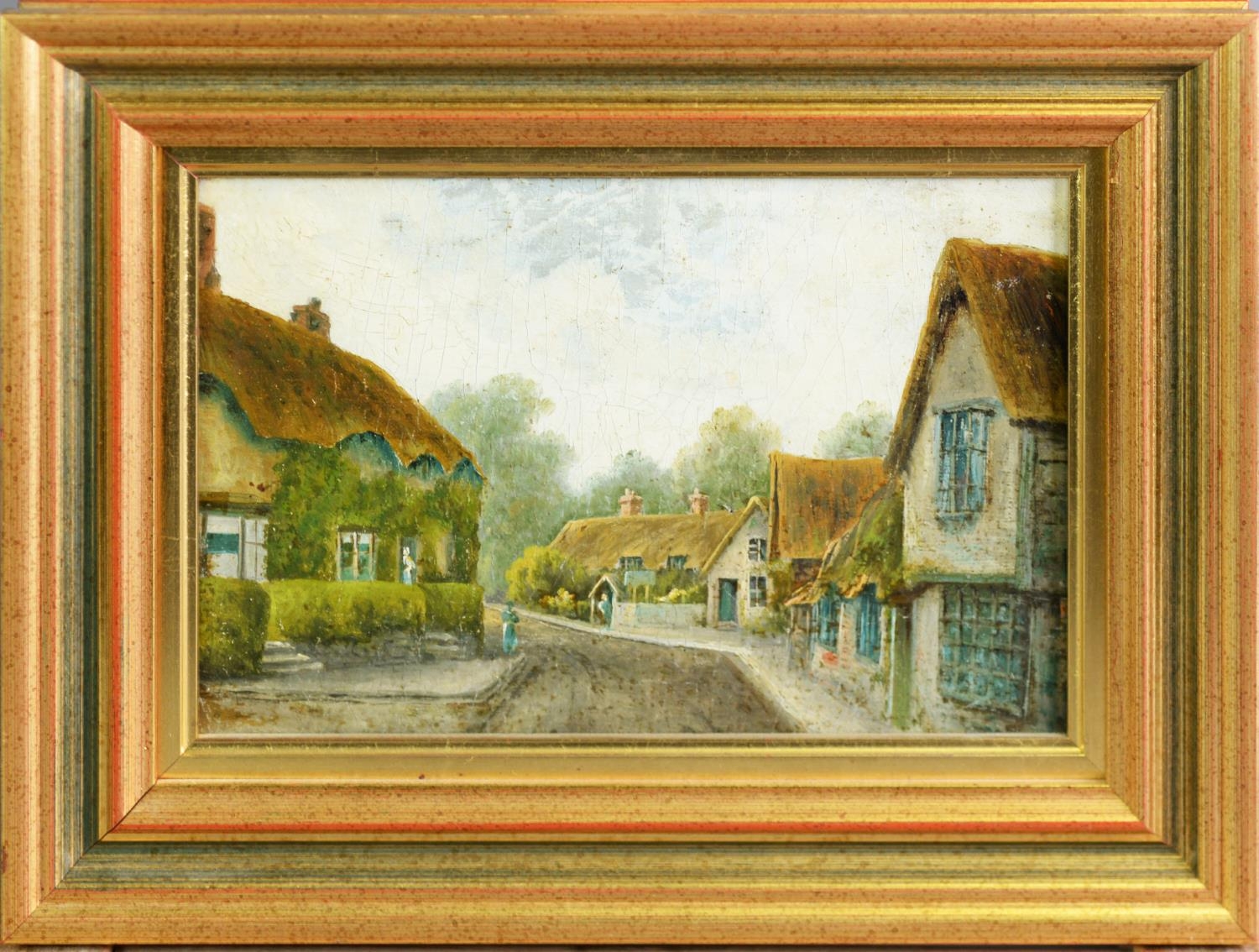 UNATTRIBUTED (EARLY TWENTIETH CENTURY) OIL ON CARD Village street scene with thatched cottages and - Image 3 of 4