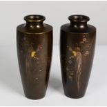 PAIR OF JAPANESE MEIJI PERIOD BRONZE OVIFORM SHOULDERED VASES incised, silvered and gilt accentuated