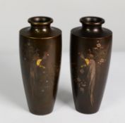 PAIR OF JAPANESE MEIJI PERIOD BRONZE OVIFORM SHOULDERED VASES incised, silvered and gilt accentuated