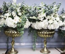 PAIR OF MODERN GILT METAL EFFECT TWO HANDLED PEDESTAL DRIED FLOWER VASES, each with pierced border