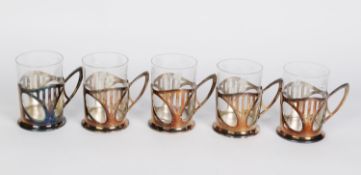 A SET OF FIVE WMF ART NOUVEAU GLASS COFFEE TUMBLERS IN STYLISED METAL CRADLES, each 3 7/8" (10 cm) H
