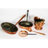COPPER WARES- TWO OVAL SEAMED COPPER PANS, one with copper handle, 16 ¾” x 11” (42.5cm x 28cm, the