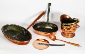 COPPER WARES- TWO OVAL SEAMED COPPER PANS, one with copper handle, 16 ¾” x 11” (42.5cm x 28cm, the