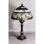TIFFANY STYLE TABLE LAMP, with ornate ‘leaded’ domed shade and fancy vase shaped column, 26” (