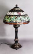 TIFFANY STYLE TABLE LAMP, with ornate ‘leaded’ domed shade and fancy vase shaped column, 26” (