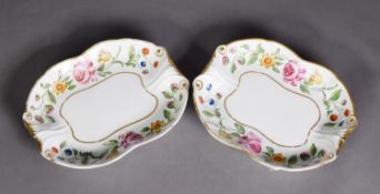 PAIR OF EARLY 1800s NEW HALL PORCELAIN DESSERT DISHES of shaped oblong form moulded in shallow