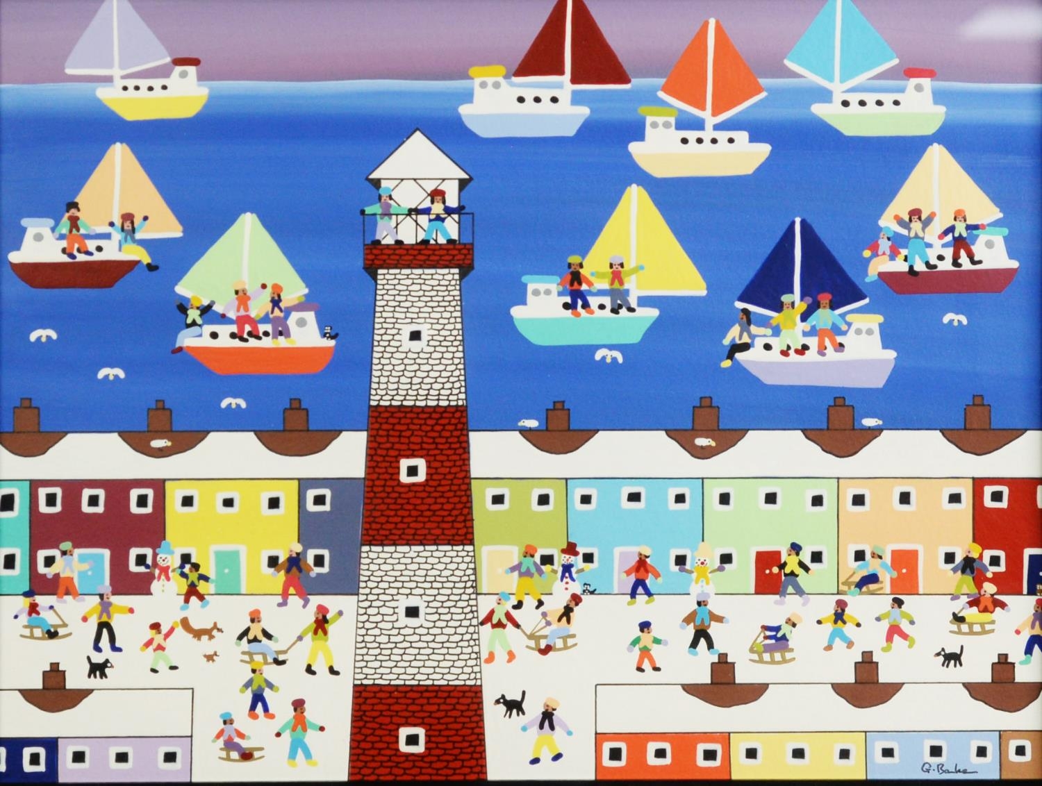 GORDON BARKER (Contemporary) ACRYLIC ON PAPER Seaside town with numerous figures, lighthouse and