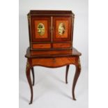 LOUIS XVI STYLE GILT METAL MOUNTED MAHOGANY BONHEUR DU JOUR, the back with printed figural panels to