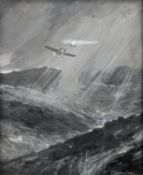 FREDERICK GORDON CROSBY (1855-1943) MONOCHROME GOUACHE DRAWING Early monoplane flying over
