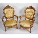 PAIR OF FRENCH STYLE GILT WOOD FRAMED GENT’S OPEN ARMCHAIRS, each with moulded show wood frame,