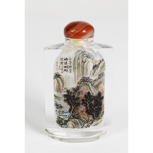 CHINESE PANELLED ROCK CRYSTAL SNUFF BOTTLE internally painted with mountainous landscape, river