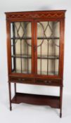 EDWARDIAN INLAID MAHOGANY DISPLAY CABINET, the moulded cornice above a ribbon tied bell flower