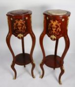 PAIR OF MODERN ITALIAN MARQUETRY INLAID AND GILT METAL MOUNTED MAHOGANY VASE STANDS, each of drum