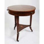 AN EARLY 20TH CENTURY WALNUT DRUM TOP CENTRE TABLE, with central marquetry and boxwood line inlay,
