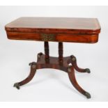 REGENCY ROSEWOOD FLAP TOP CARD TABLE, with broad satinwood cross banding and brass stringing and cut