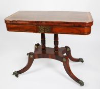 REGENCY ROSEWOOD FLAP TOP CARD TABLE, with broad satinwood cross banding and brass stringing and cut