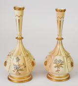 PAIR OF ROYAL WORCESTER PEACH BLUSH SPRINKLER VASES, the tall and slender reeded neck surmounts a