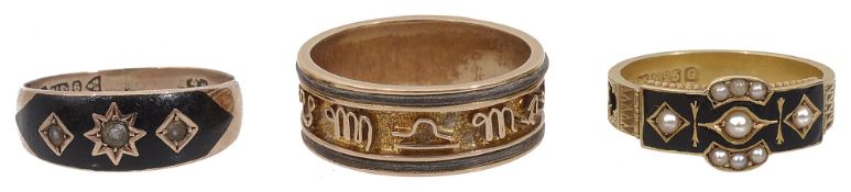 A Victorian 15ct enamel and seed pearl mourning ring and two others