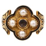 A Regency pearl, enamel and yellow gold mourning ring