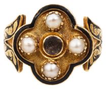 A Regency pearl, enamel and yellow gold mourning ring