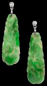 A pair of Art Deco jadeite and diamond-set ear pendants