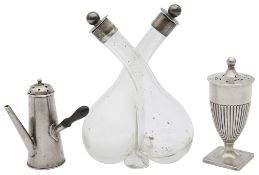 An Edwardian novelty silver pepper pot in the form of a coffee pot, and two others