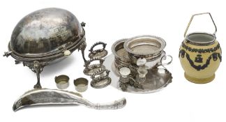A collection of silver plate to include a Wedgwood yellow dip jasperware biscuit barrel