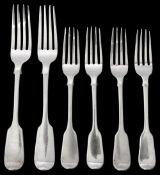 Two early Victorian silver fiddle pattern dinner forks and four matching dessert forks