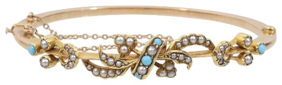 An attractive Victorian turquoise and seed pearl hinged bangle